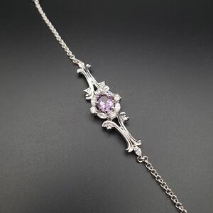 Vintage Style Amethyst & Diamond Accent Bracelet Silver Filigree Halo Purple Gem